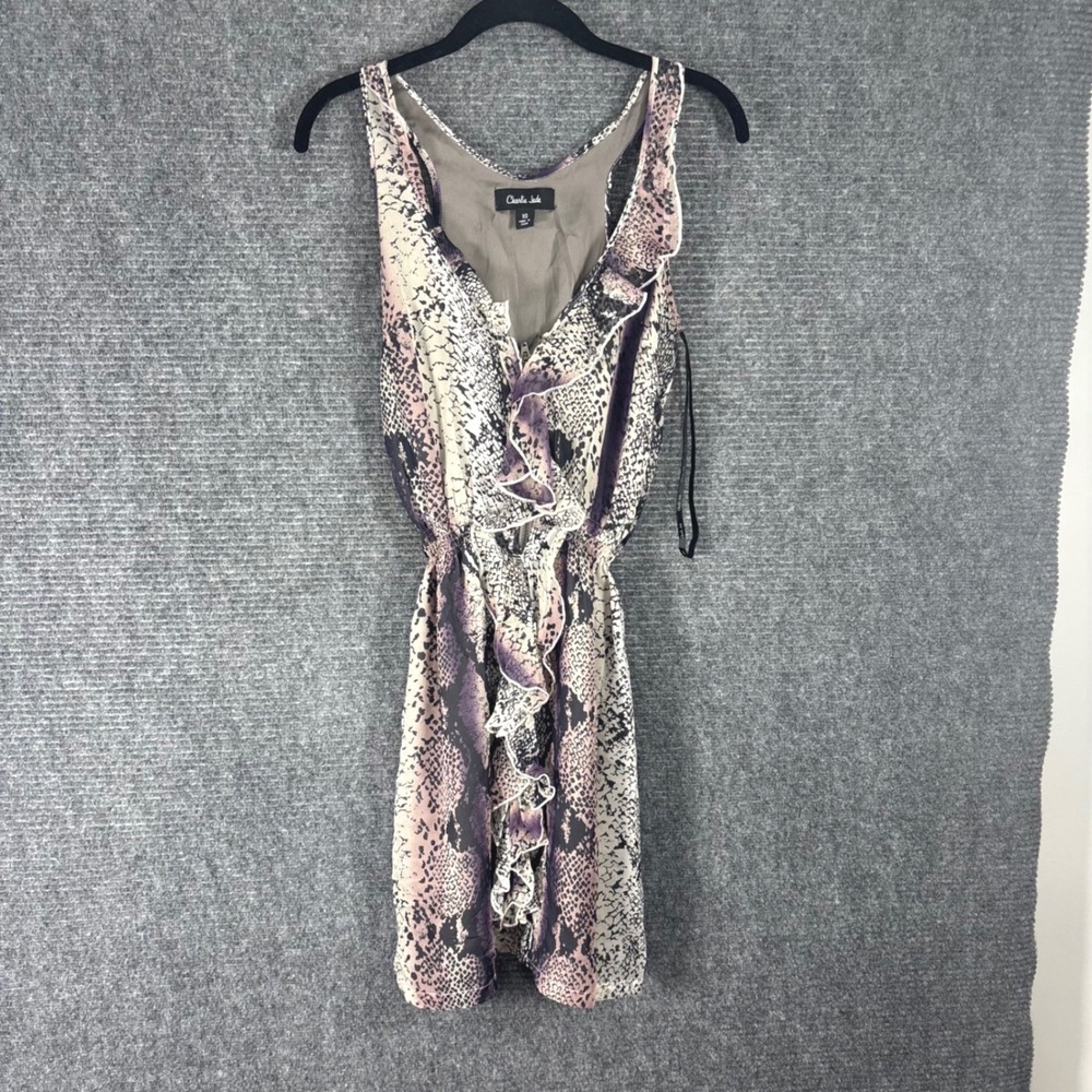 Charlie Jade Silk‎ Snakeskin Ruffle Mini Dress Purple Grey XS C1045-G99